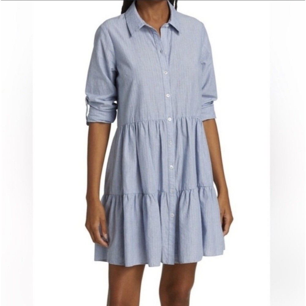Veronica Beard Jemila Tiered Cotton Mini Shirt Dress Medium Blue White Striped